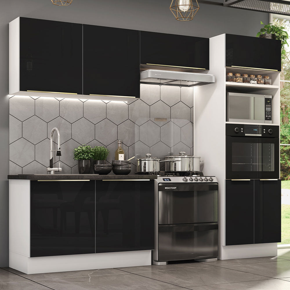 Armário de Cozinha Completa 270 x 60 cm Branco Preto Lux Madesa 01
