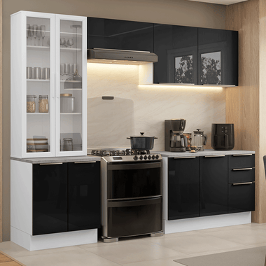 Armário de Cozinha Completa 270 x 60 cm Branco/Preto Lux Madesa 04