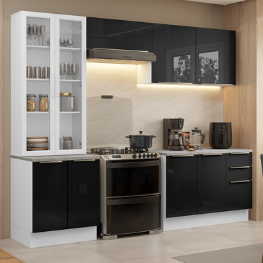 Armário de Cozinha Completa 270 x 60 cm Branco/Preto Lux Madesa 04
