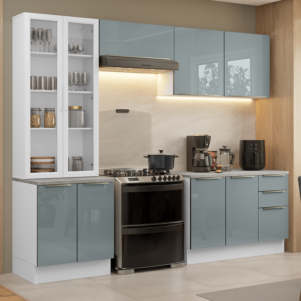 Armário de Cozinha Completa 270 x 60 cm Branco/Cinza Lux Madesa 04