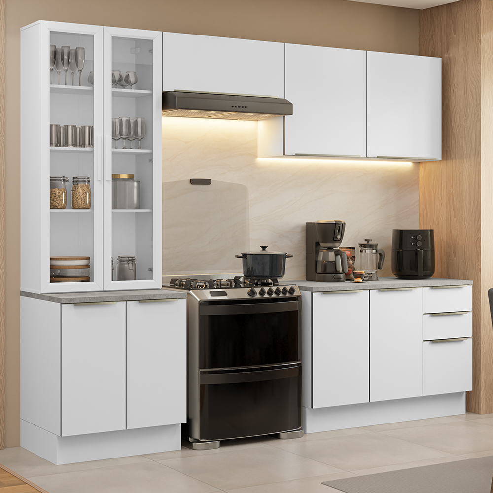 Armário de Cozinha Completa 270 x 60 cm Branco/Branco Veludo Lux Madesa 04