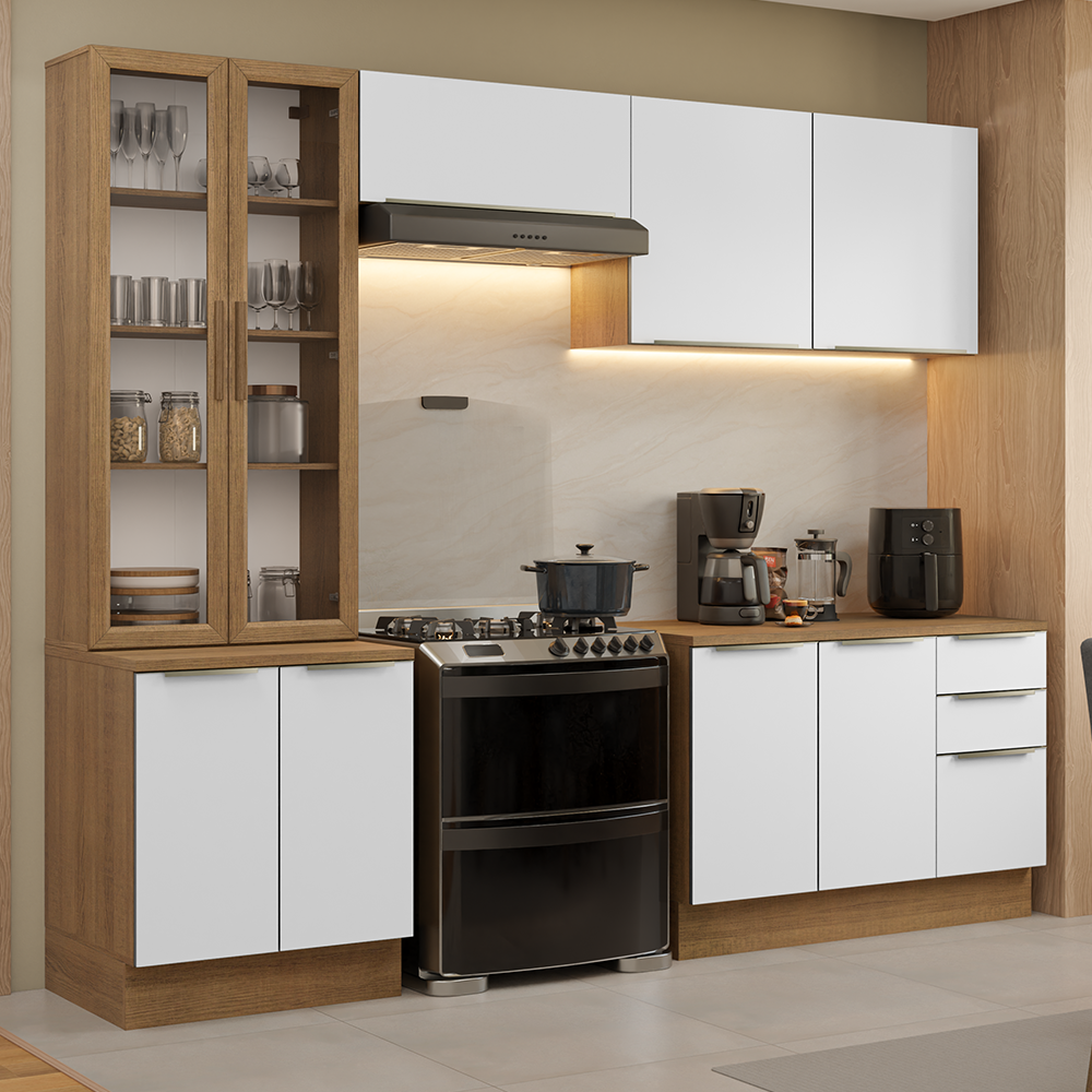 Armário de Cozinha Completa 270 x 60 cm Rustic/Branco Veludo Lux Madesa 04