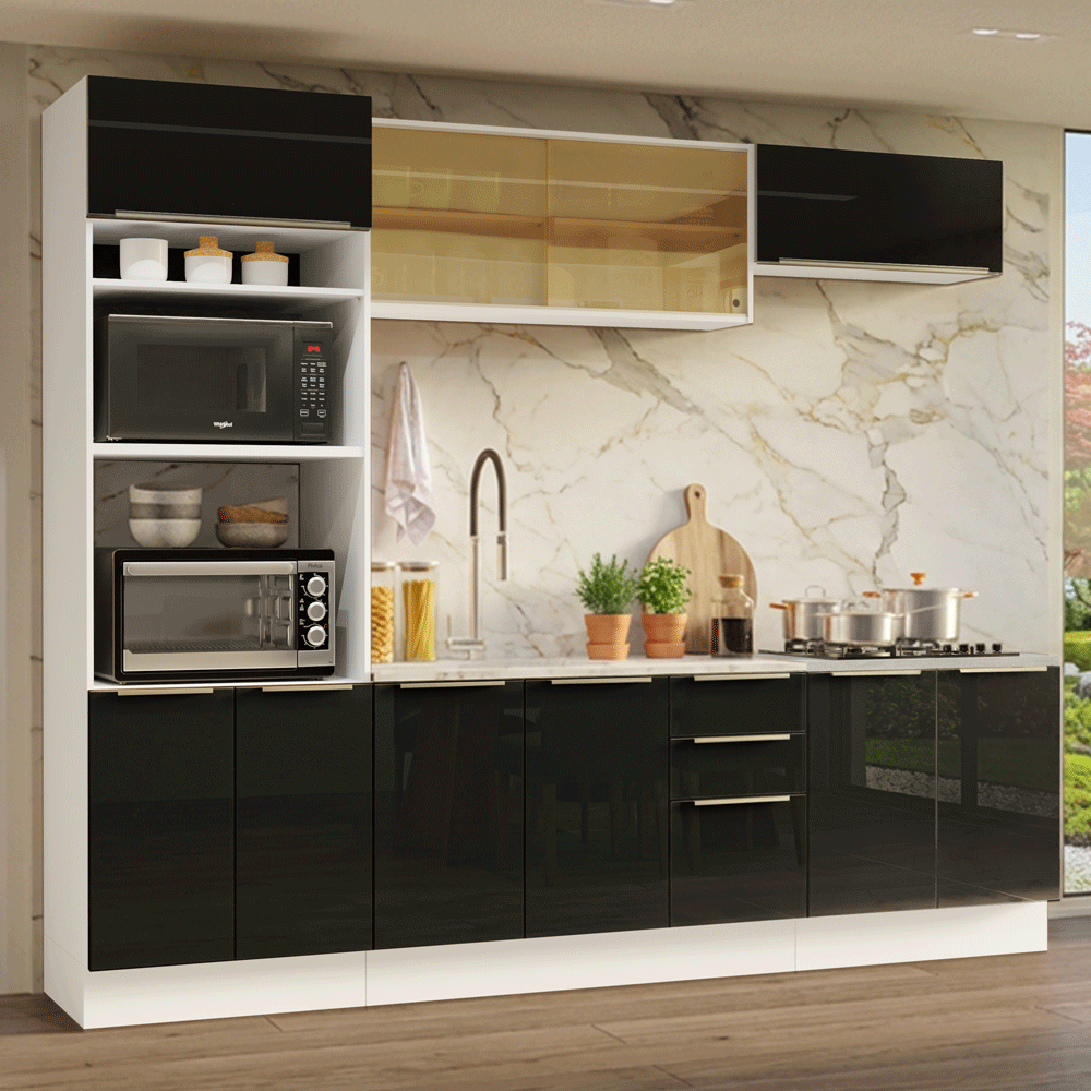 Armário de Cozinha Completa 270 cm Branco/Preto Lux Madesa 05
