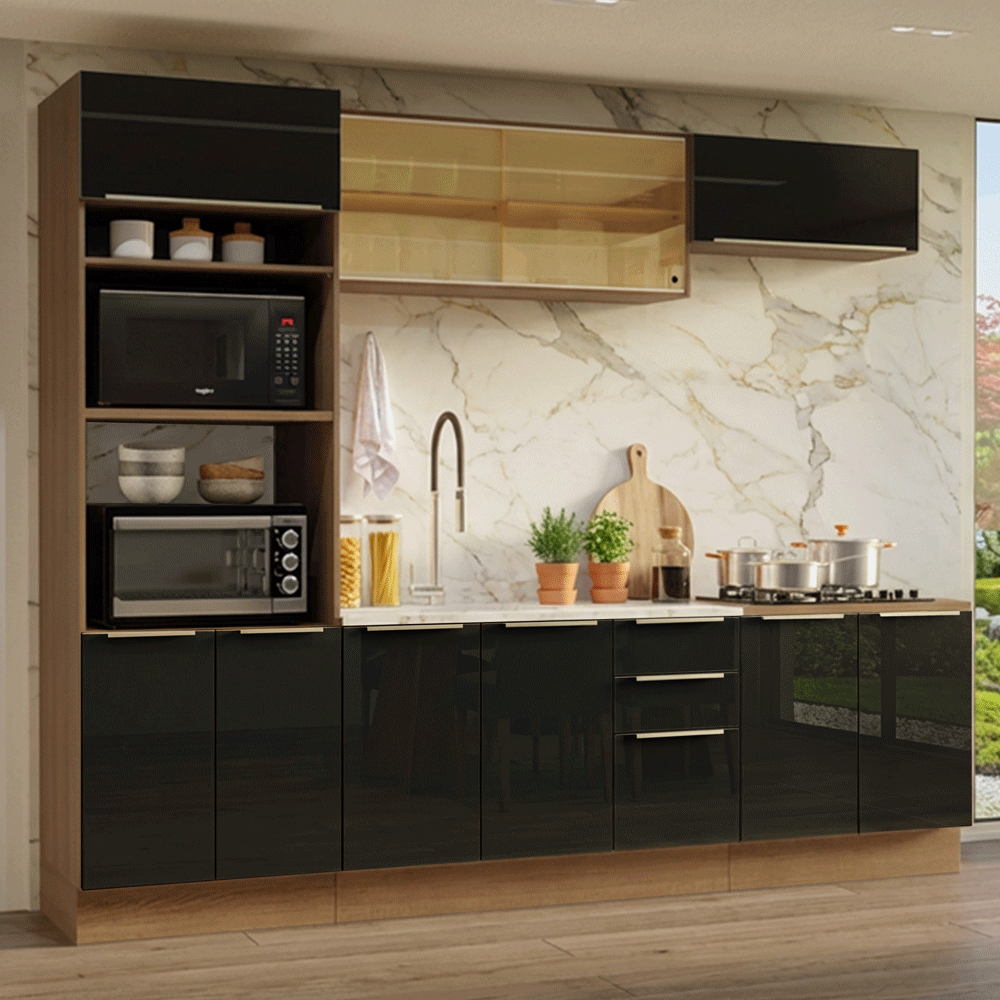 Armário de Cozinha Completa 270 cm Rustic/Preto Lux Madesa 05