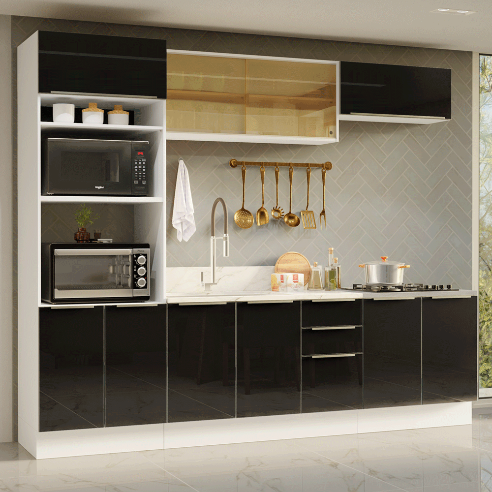Armário de Cozinha Completa 270 x 60 cm Branco/Preto Lux Madesa 06