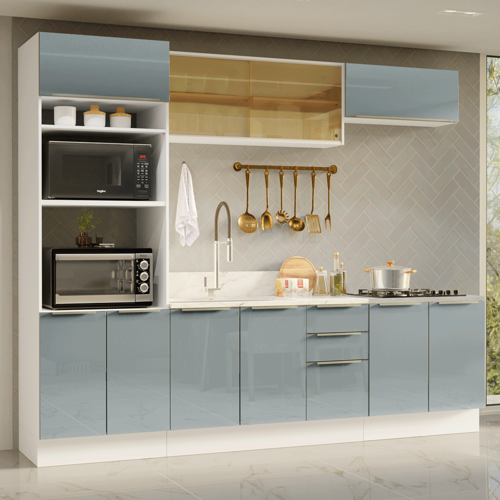 Armário de Cozinha Completa 270 x 60 cm Branco/Cinza Lux Madesa 06