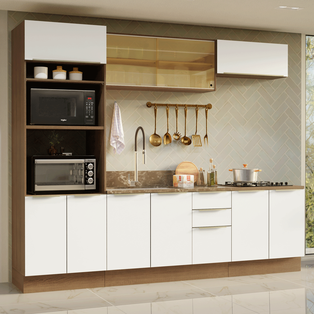 Armário de Cozinha Completa 270 x 60 cm Rustic/Branco Veludo Lux Madesa 06