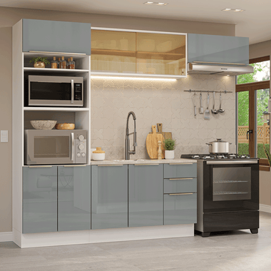 Armário de Cozinha Completa 270 cm Branco/Cinza Lux Madesa 07