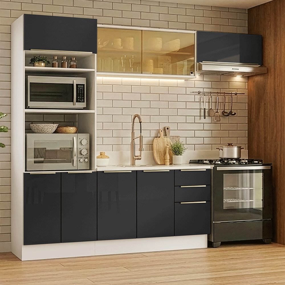Armário de Cozinha Completa 270 x 60 cm Branco/Preto Lux Madesa 08