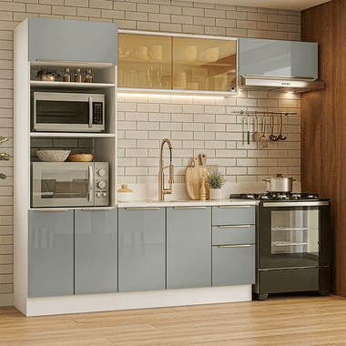 Armário de Cozinha Completa 270 x 60 cm Branco/Cinza Lux Madesa 08