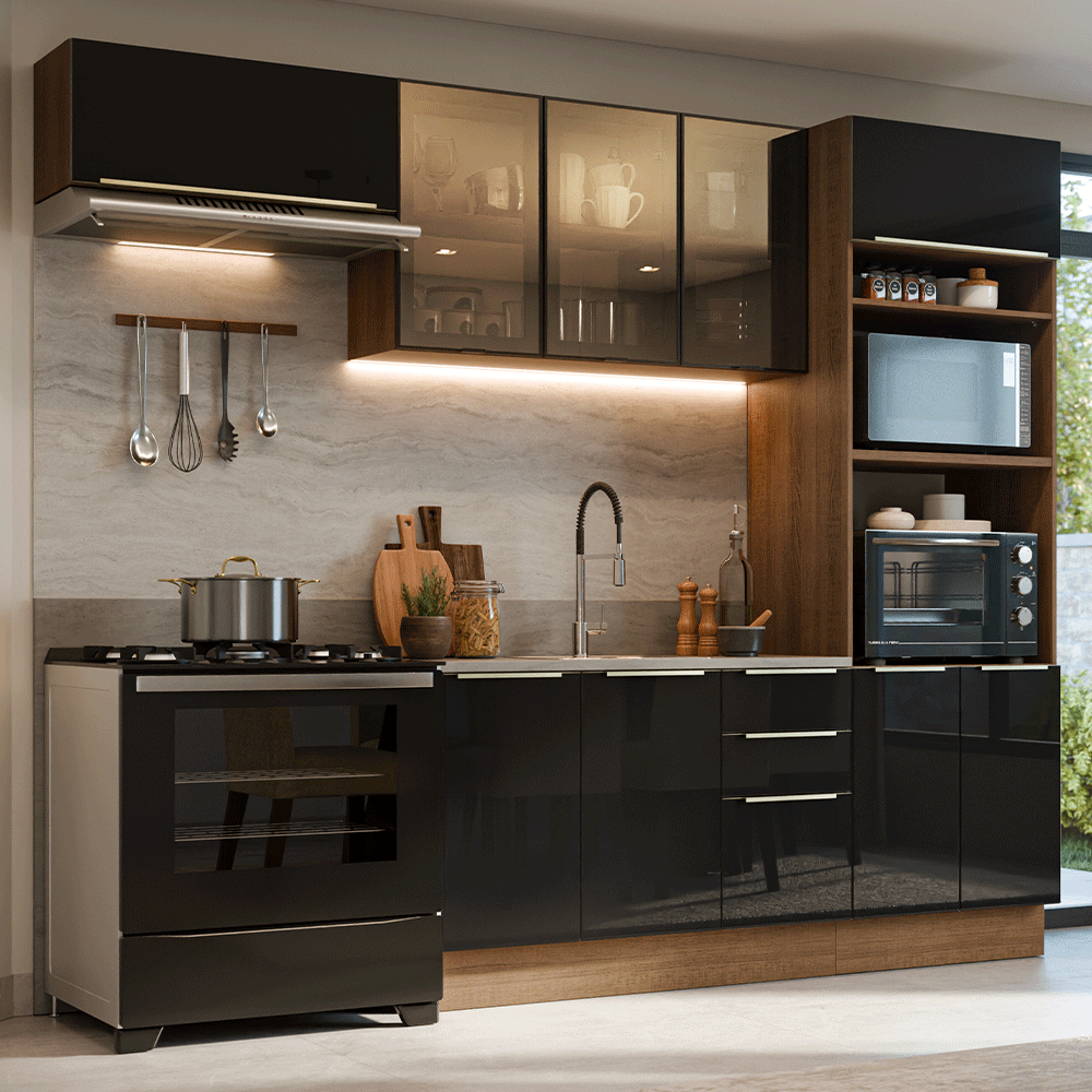 Armário de Cozinha Completa 270 cm Rustic/Preto Lux Madesa 08