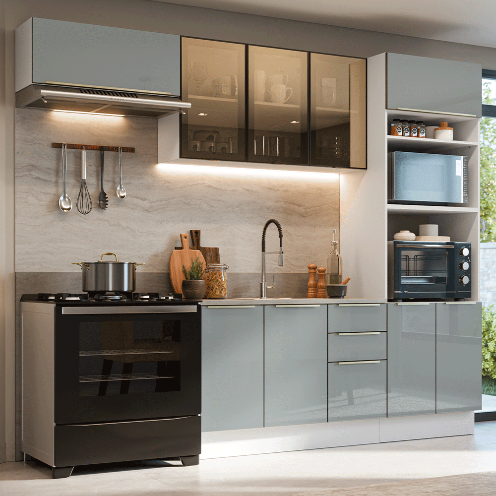 Armário de Cozinha Completa 270 cm Branco/Cinza Lux Madesa 08