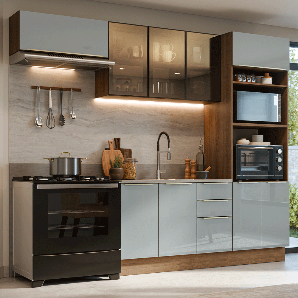 Armário de Cozinha Completa 270 cm Rustic/Cinza Lux Madesa 08