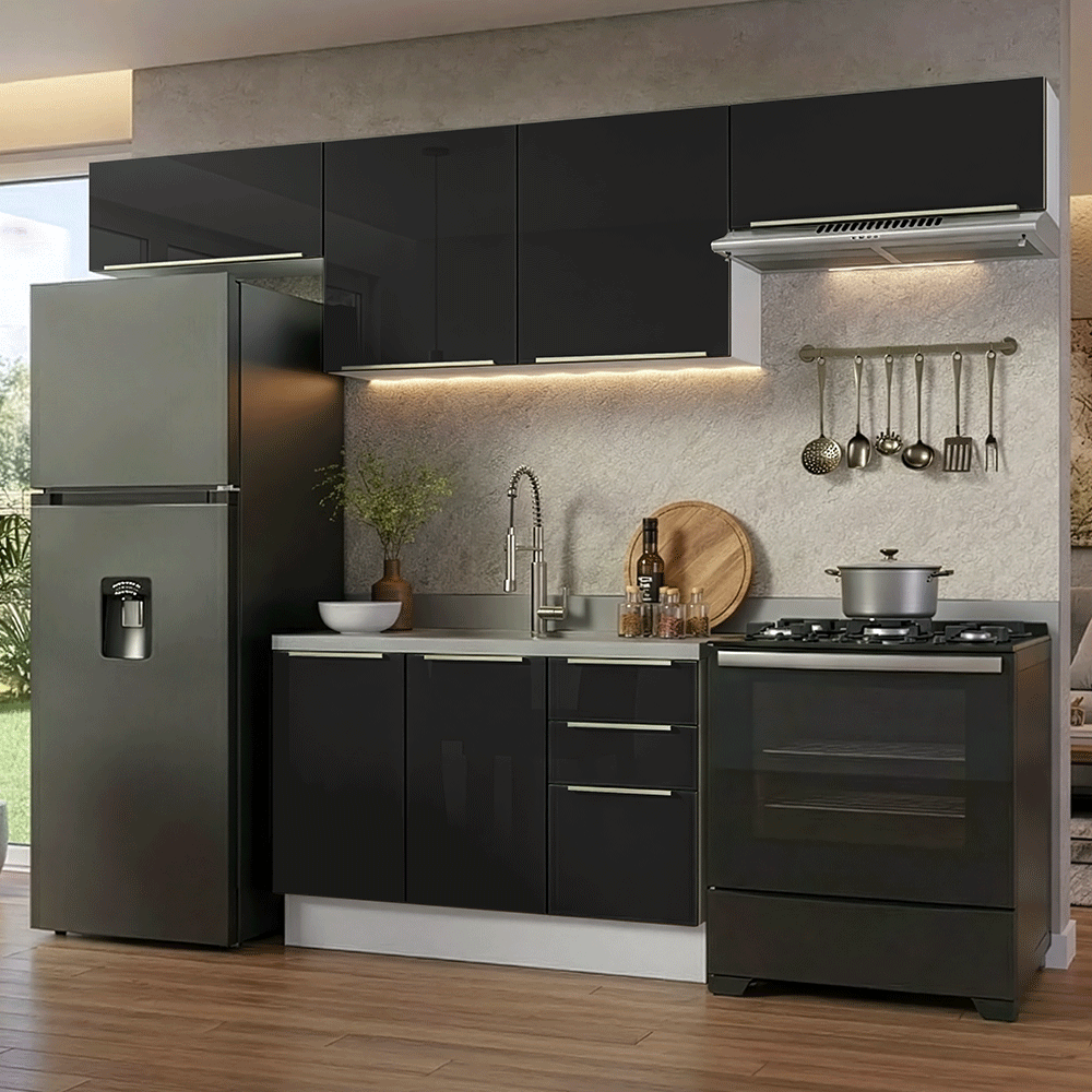 Armário de Cozinha Completa 280 x 60 cm Branco/Preto Lux Madesa 02