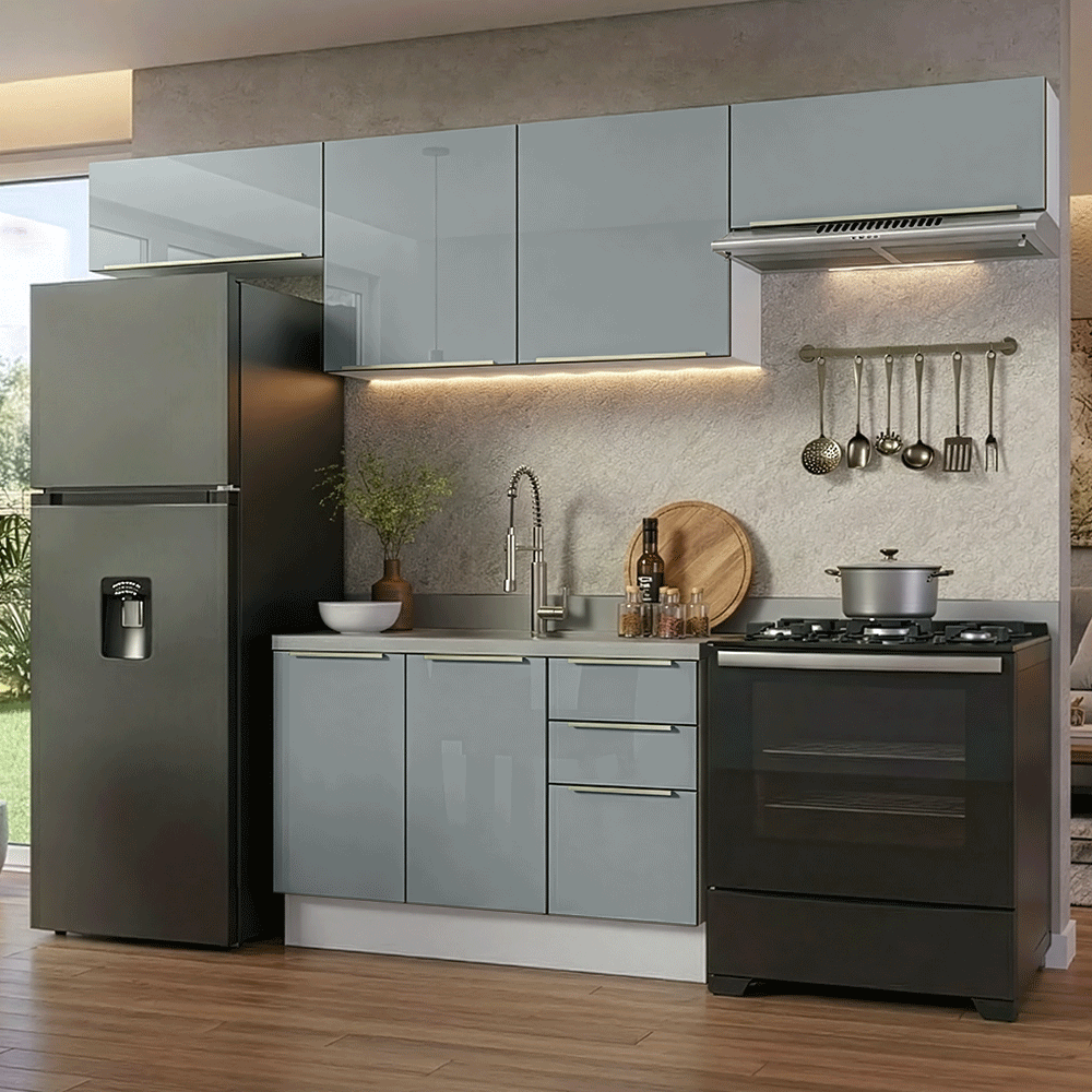 Armário de Cozinha Completa 280 x 60 cm Branco/Cinza Lux Madesa 02