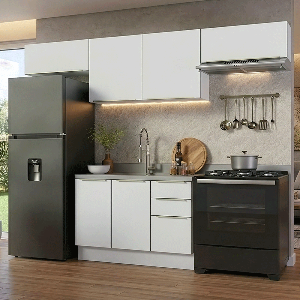 Armário de Cozinha Completa 280 x 60 cm Branco/Branco Veludo Lux Madesa 02