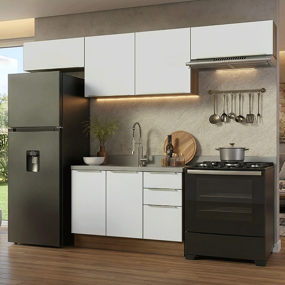 Armário de Cozinha Completa 280 cm Rustic/Branco Veludo Lux Madesa 02