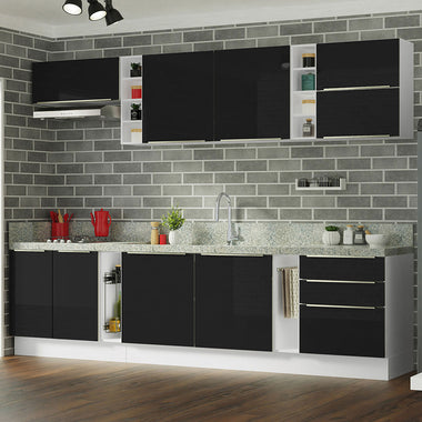 Armário de Cozinha Completa 300 x 60 cm Branco/Preto Lux da Sabrina Madesa