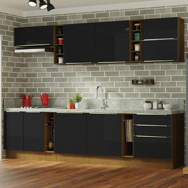 Armário de Cozinha Completa 300 x 60 cm Rustic/Preto Lux da Sabrina Madesa