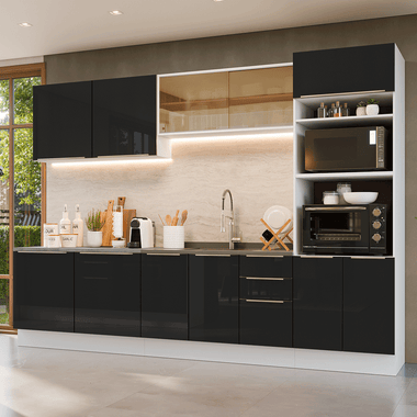 Armário de Cozinha Completa 310 cm Branco/Preto Lux Madesa 03
