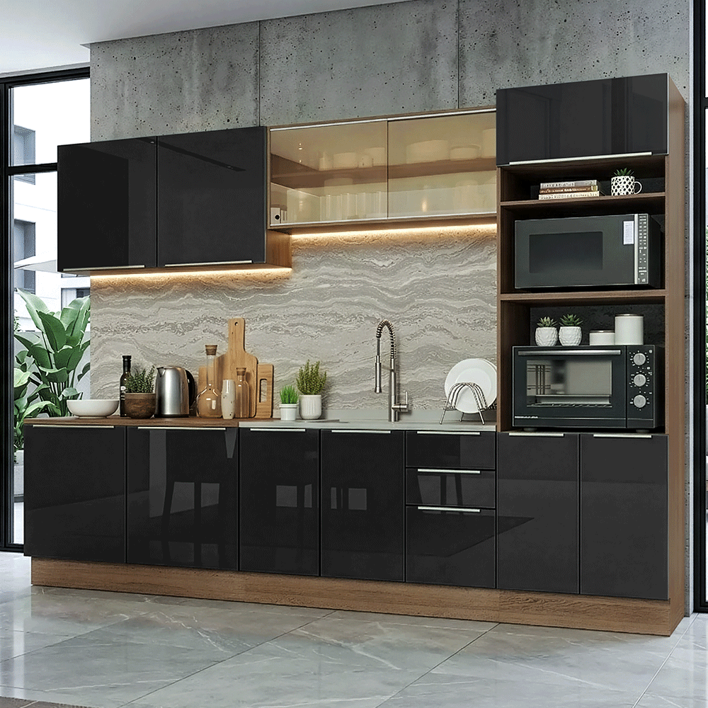 Armário de Cozinha Completa 310 x 60 cm Rustic/Preto Lux Madesa 04