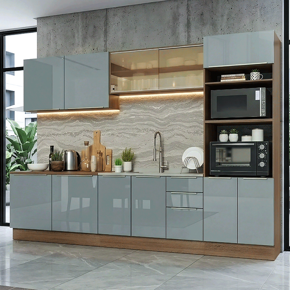 Armário de Cozinha Completa 310 x 60 cm Rustic/Cinza Lux Madesa 04