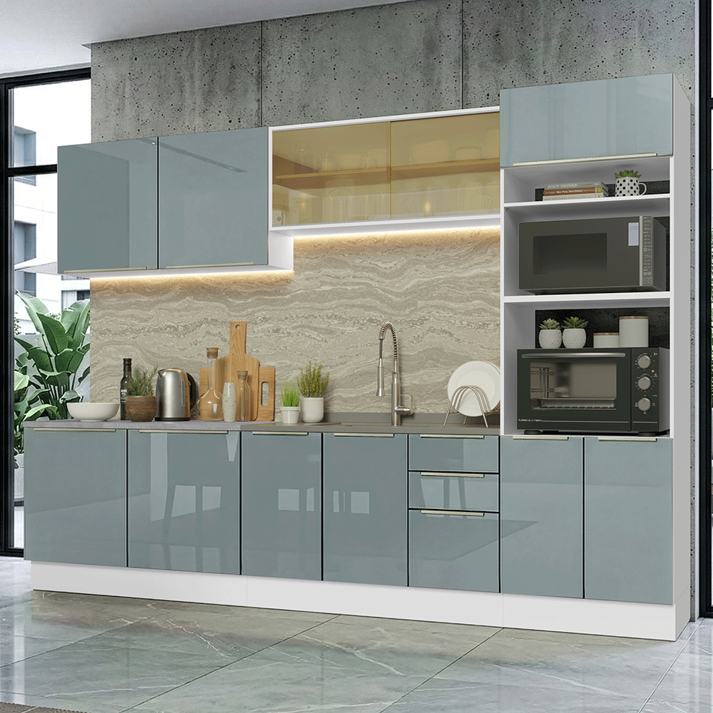 Armário de Cozinha Completa 310 x 60 cm Branco/Cinza Lux Madesa 04