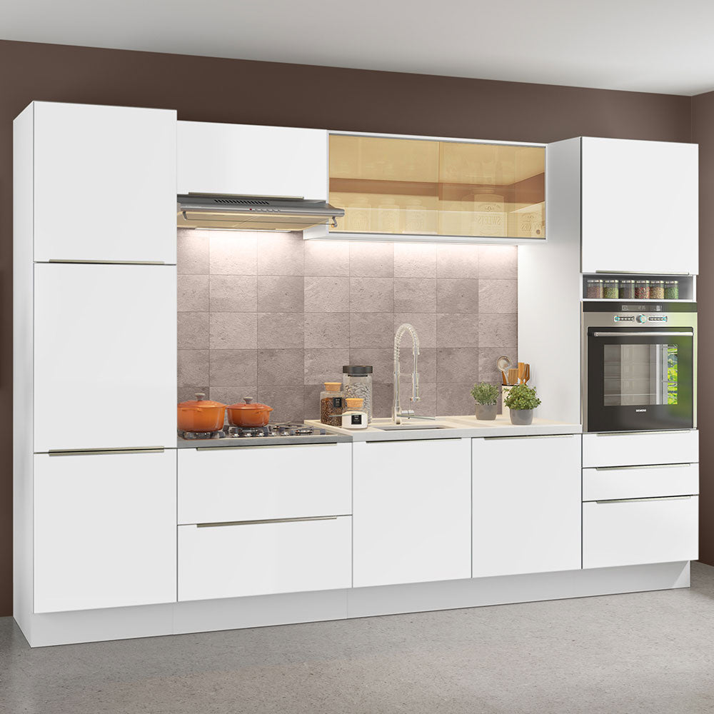 Armário de Cozinha Completa 320 x 60 cm Branco Branco Veludo Lux Madesa 01