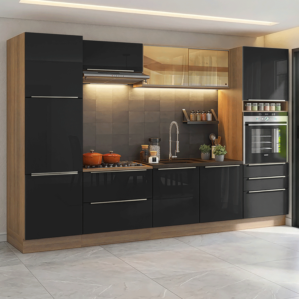 Armário de Cozinha Completa 320 cm Rustic/Preto Lux Madesa 08