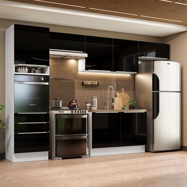 Armário de Cozinha Completa 340 x 60 cm Branco/Preto Lux Madesa 01