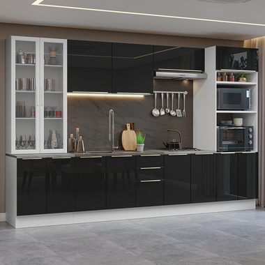 Armário de Cozinha Completa 340 x 60 cm Branco/Preto Lux Madesa 02