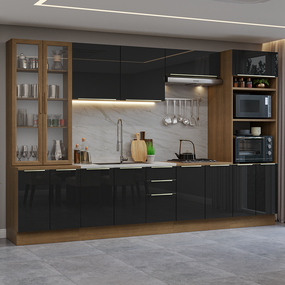 Armário de Cozinha Completa 340 x 60 cm Rustic/Preto Lux Madesa 02