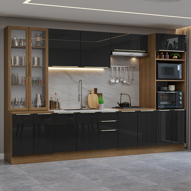 Armário de Cozinha Completa 340 x 60 cm Rustic/Preto Lux Madesa 02