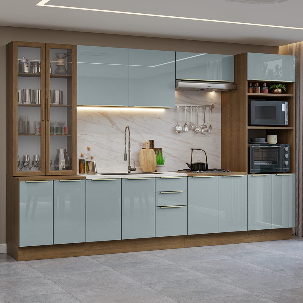 Armário de Cozinha Completa 340 x 60 cm Rustic/Cinza Lux Madesa 02