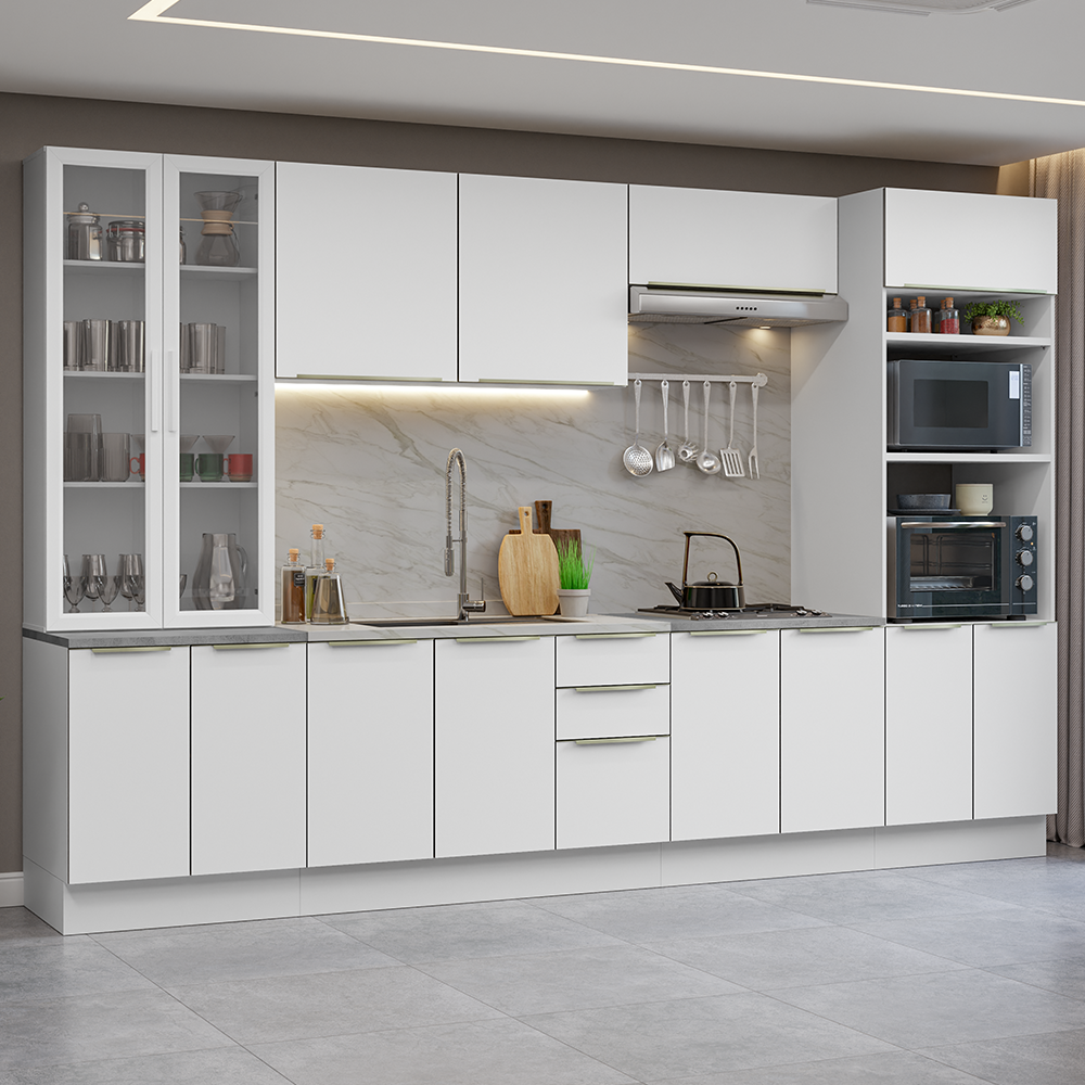 Armário de Cozinha Completa 340 x 60 cm Branco/Branco Veludo Lux Madesa 02
