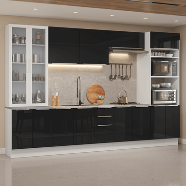 Armário de Cozinha Completa 340 cm Branco/Preto Lux Madesa 03