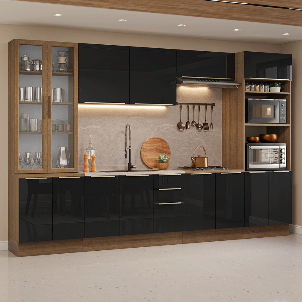 Armário de Cozinha Completa 340 cm Rustic/Preto Lux Madesa 03