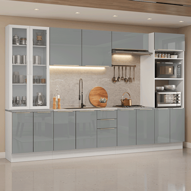Armário de Cozinha Completa 340 cm Branco/Cinza Lux Madesa 03