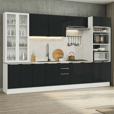 Armário de Cozinha Completa 340 x 60 cm Branco/Preto Lux Madesa 04