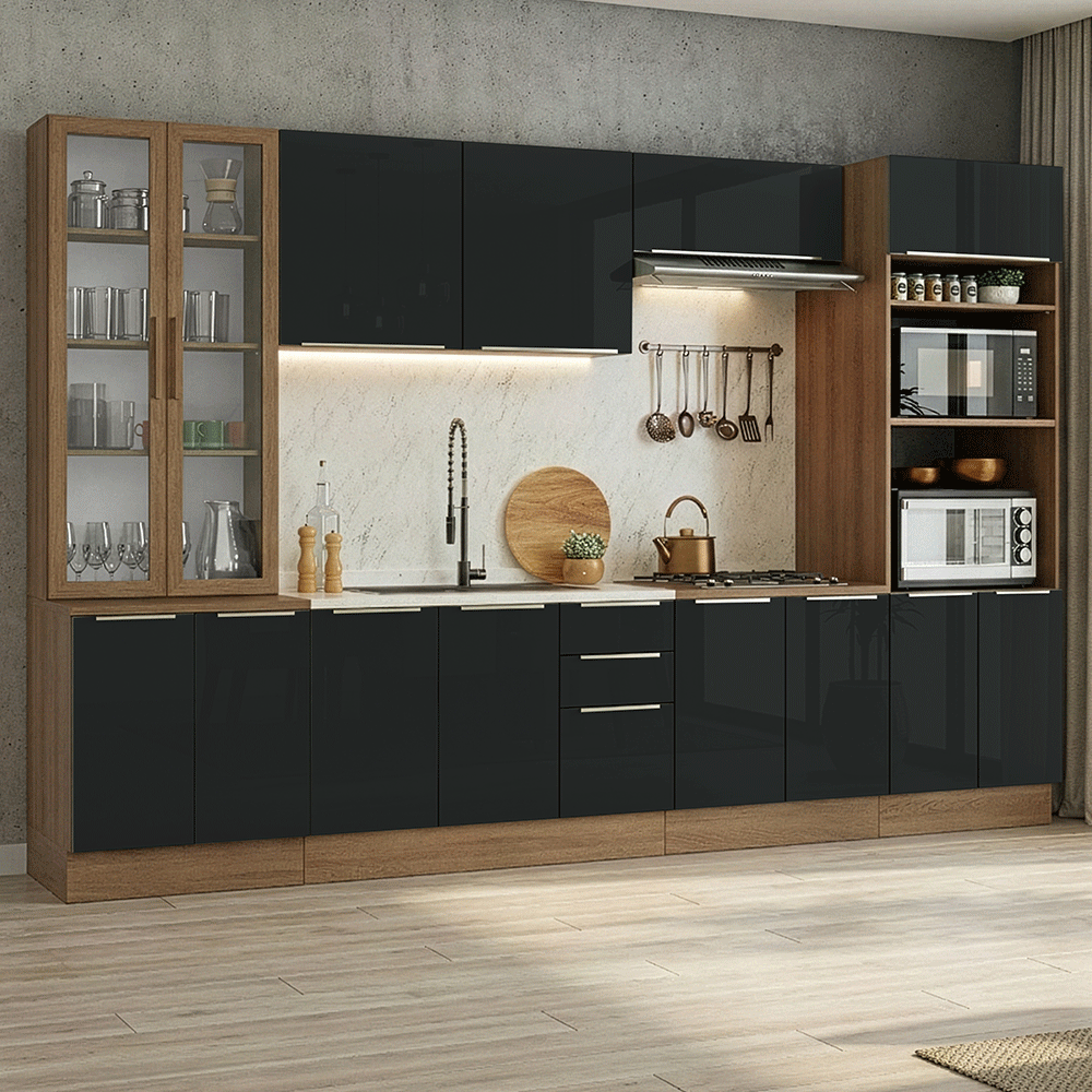 Armário de Cozinha Completa 340 x 60 cm Rustic/Preto Lux Madesa 04