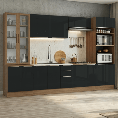 Armário de Cozinha Completa 340 x 60 cm Rustic/Preto Lux Madesa 04