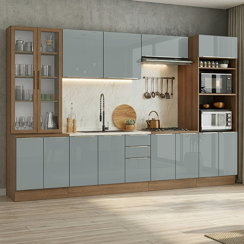 Armário de Cozinha Completa 340 x 60 cm Rustic/Cinza Lux Madesa 04