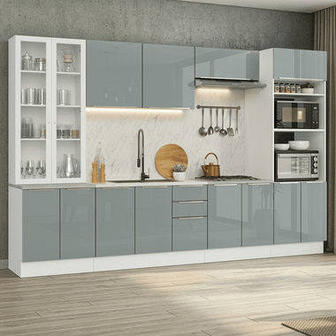 Armário de Cozinha Completa 340 x 60 cm Branco/Cinza Lux Madesa 04