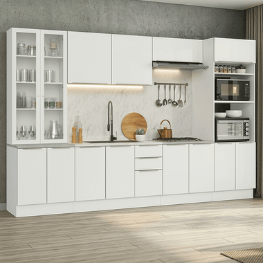 Armário de Cozinha Completa 340 x 60 cm Branco/Branco Veludo Lux Madesa 04