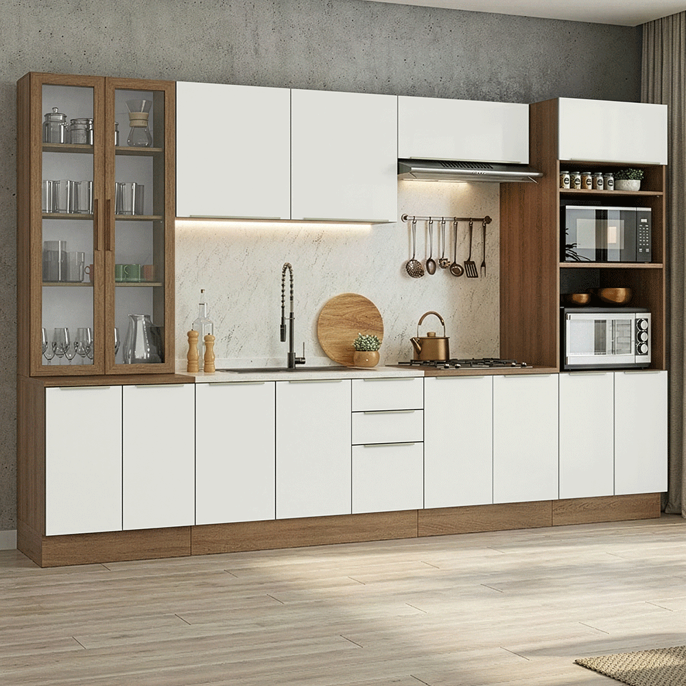 Armário de Cozinha Completa 340 x 60 cm Rustic/Branco Veludo Lux Madesa 04