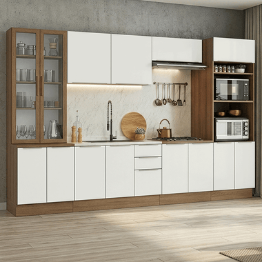 Armário de Cozinha Completa 340 x 60 cm Rustic/Branco Veludo Lux Madesa 04
