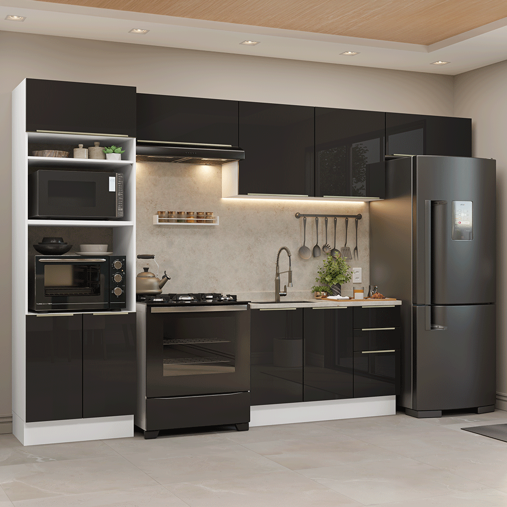 Armário de Cozinha Completa 350 cm Branco/Preto Lux Madesa 01