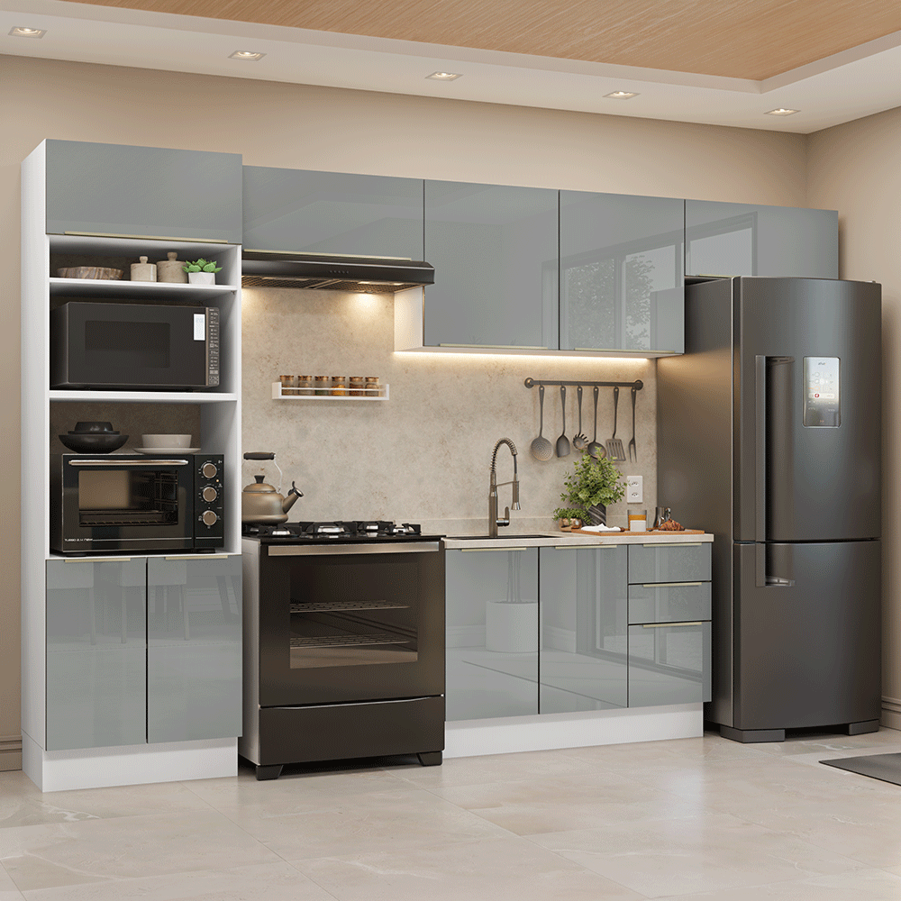 Armário de Cozinha Completa 350 cm Branco/Cinza Lux Madesa 01