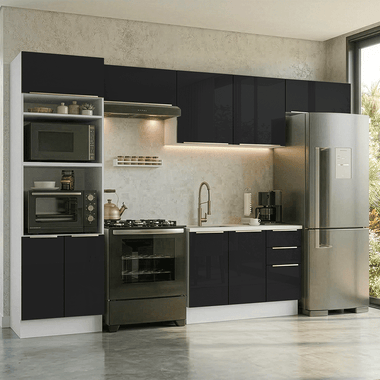 Armário de Cozinha Completa 350 x 60 cm Branco/Preto Lux Madesa 02