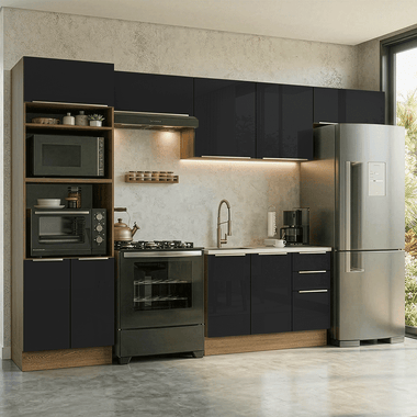 Armário de Cozinha Completa 350 x 60 cm Rustic/Preto Lux Madesa 02